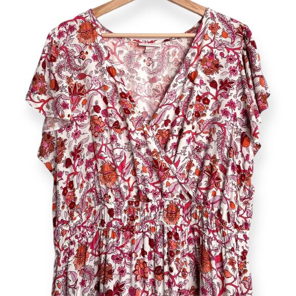 Knox Rose Pink Floral Print Surplice V Neck Ruffle Tiered Maxi Dress Womens XXL - Picture 3 of 12